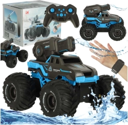 Амфибийна RC кола с водно оръдие, водоустойчива, управление с жестове и 2 контролера – синя