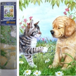 Диамантено рисуване Кученце и котенце 30 × 40 см