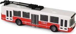 Red friction-powered trolleybus with opening doors