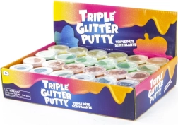 Three-color glitter modeling clay in a cup