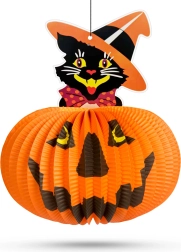 Halloween paper pumpkin lantern with cat motif – 1 piece