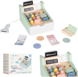Wooden kids’ cash register with terminal and scanner