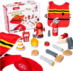 Children's firefighter set with costume and wooden accessories