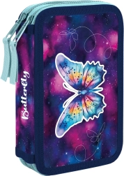 Double-deck school pencil case with butterfly design, empty