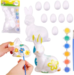 Easter set of polystyrene eggs and bunny figurine with paints