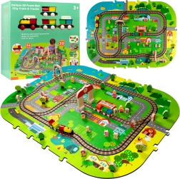 Пяна 3D градска постелка с батерийно влакче, релси и аксесоари 56 части HUMBI