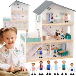 Дървена къща за кукли с фигурки TOOKY TOY, 3 етажа, FSC