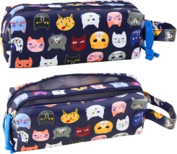 School Pencil Case Colorful Cats Two Pockets Blue 22cm