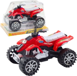 Off-road red quad with flywheel and treaded wheels