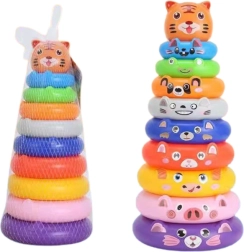 Цветна стакваща пирамида с рингове и стикери с животни тигър