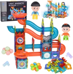 Магнитни светещи 3D кубчета – голямо пистово трасе за топчета, 142 части