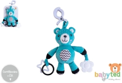 Plush teddy bear with clip and rattle for stroller and crib 30 cm