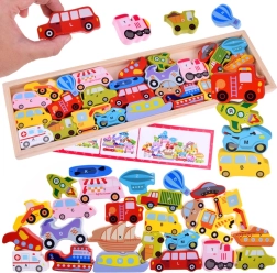 Голям дървен азбучен комплект превозни средства – 27 части, пъзел и сортиране