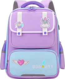 School Backpack with Patches and Chest Strap Purple 16L