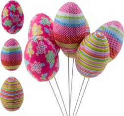 Easter Decorative Eggs on Sticks with Dots, Flowers, and Stripes, Set of 6 Pieces