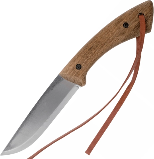 Bushcraft carbon steel knife with impregnated walnut handle and leather sheath