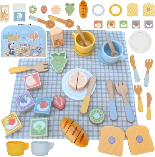 Дървен пикник комплект Tooky Toy с плодове за рязане в куфарче