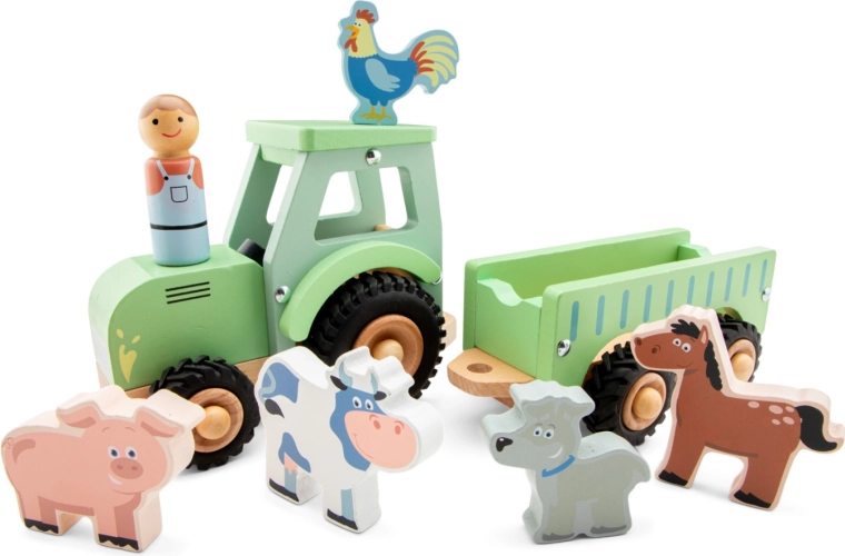 Дървен трактор с ремарке и животни New Classic Toys