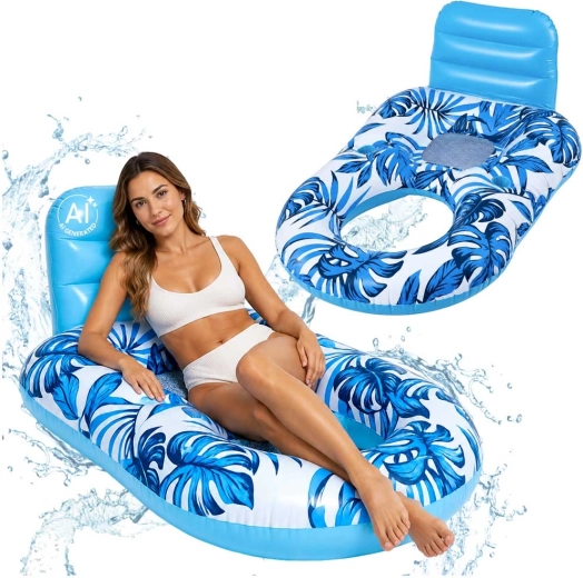 Inflatable water lounger with backrest, blue and white