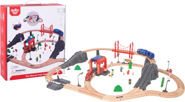 Дървен железопътен комплект „Пожарникари и линейка“ 70 части – TOOKY TOY