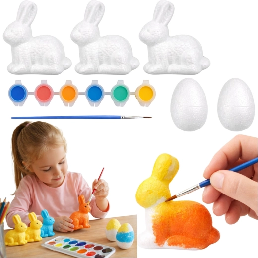 Set for painting Easter polystyrene decorations – 3 bunnies and 2 eggs