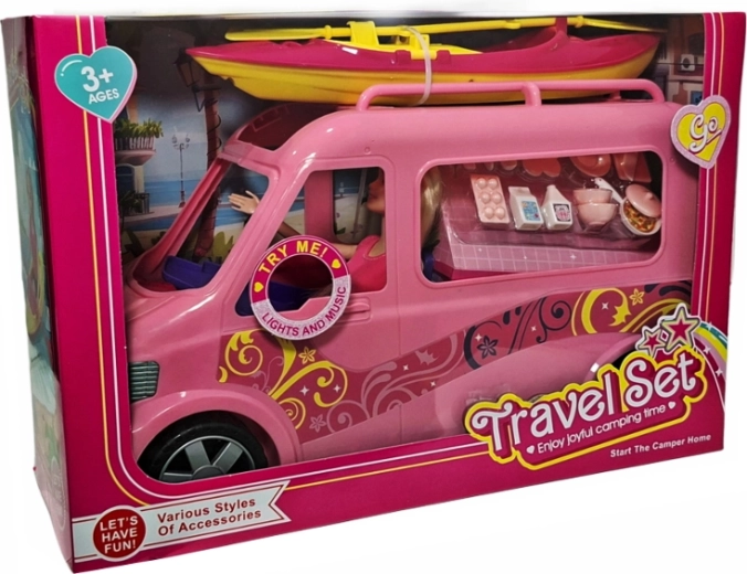 Pink doll camping van with light, sound and accessories - 1 piece
