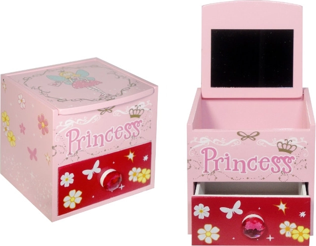 Дървена кутия за бижута с огледалце Princess – розова