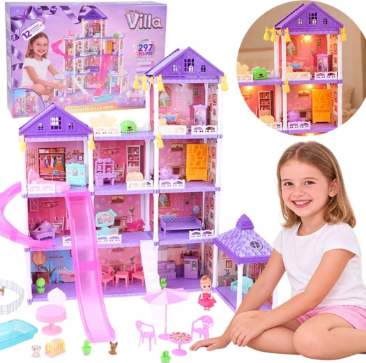 LED Villa Dollhouse with Slide and 250 Pieces