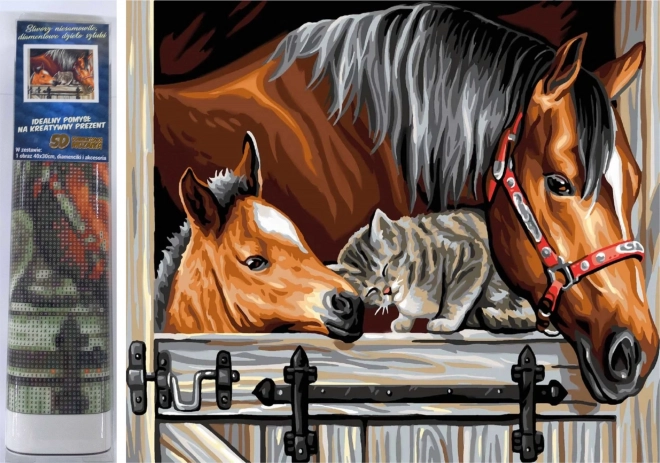 Diamond Painting – Horses with Cat 30 × 40 cm