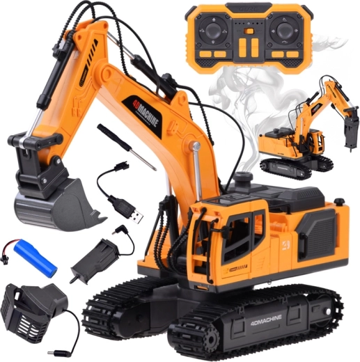 Remote-controlled tracked excavator with smoke, lights and sound, 3 attachments - 1 piece
