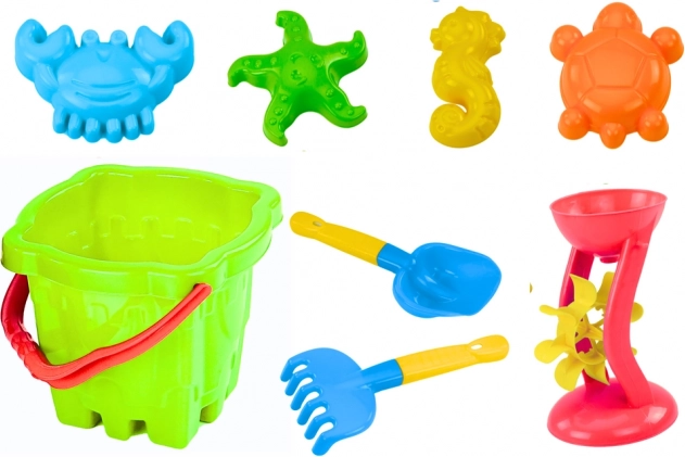 Sand toy set with castle-shaped bucket and mill, 9 pieces