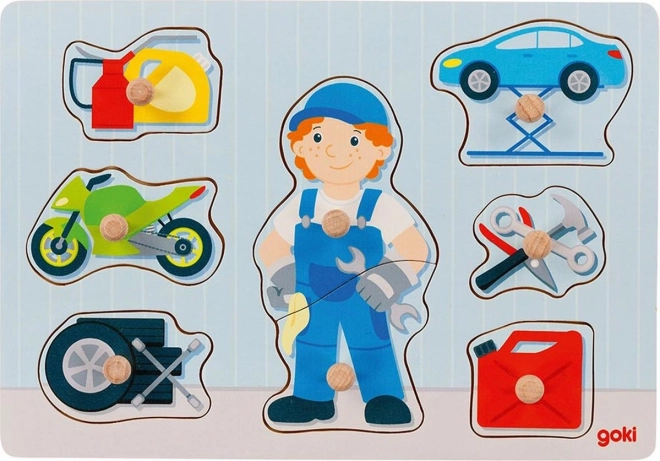 Goki wooden peg puzzle - auto mechanic