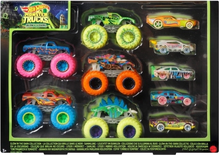 Комплект HOT WHEELS MONSTER TRUCKS 1:64 светещи в тъмното, 10 бр.