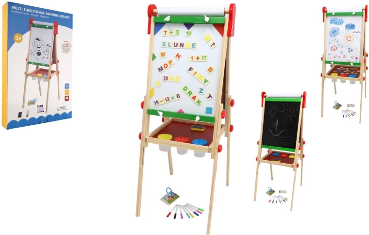 Double-sided children's magnetic wooden board with paper roll and accessories 35 × 43 cm