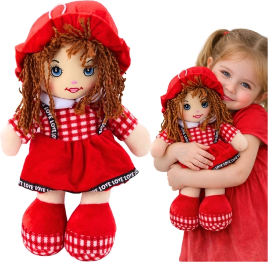 cuddly cloth doll in red checkered dress 35 cm