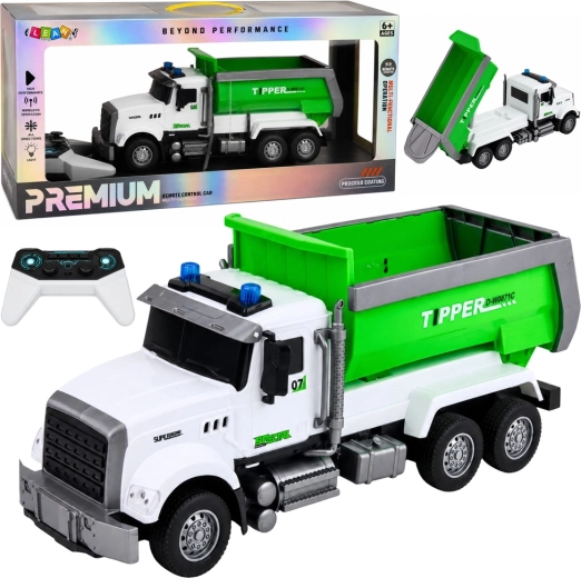 Green RC dump truck remote-controlled 1:14 with movable tipping bed and lights - 1 piece