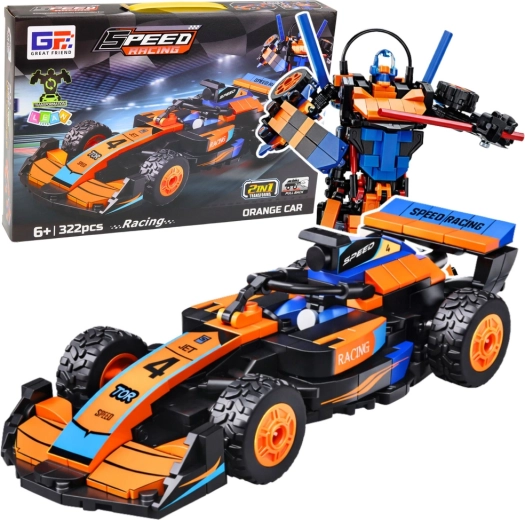 2-in-1 Building Set: Orange Racing Car and Robot, 322 Pieces