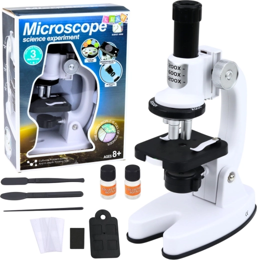 Children's microscope with accessories, magnification up to 1200× – white