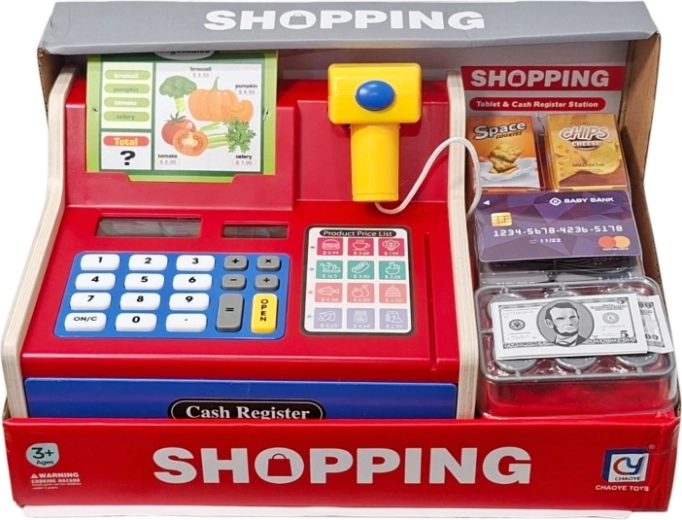 Wooden children's cash register with accessories