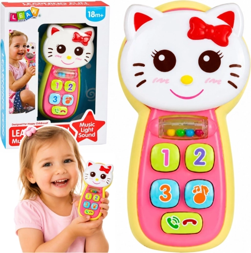 Interactive kids’ cat phone stroller with lights, sounds, a mirror, and a rattle