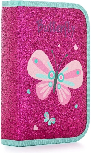 Single-compartment school pencil case with sequin effect, butterfly motif, 2 flaps