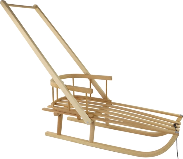 Wooden sled with backrest and push handle, large