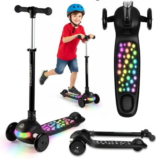 Детска триколка балансираща тротинетка с LED подсветка Ricokids Glowi – черна