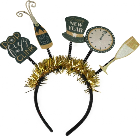 New Year celebration headband with black and gold decorations