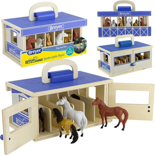 Breyer Stablemates Farms дървен преносим обор с 6 коня