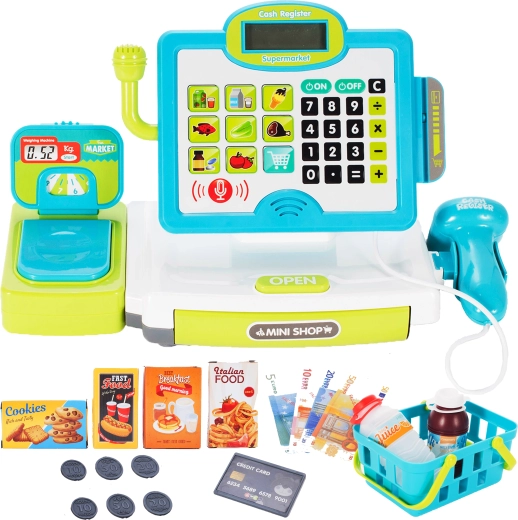 Kids' cash register with touchscreen and scanner