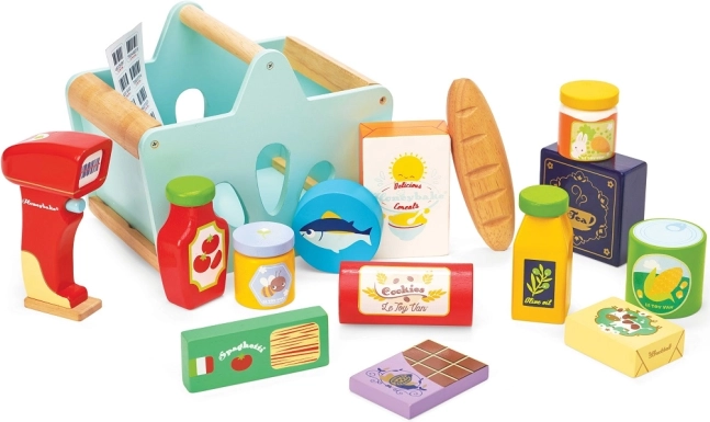 Le Toy Van дървена кошница с хранителни продукти и скенер