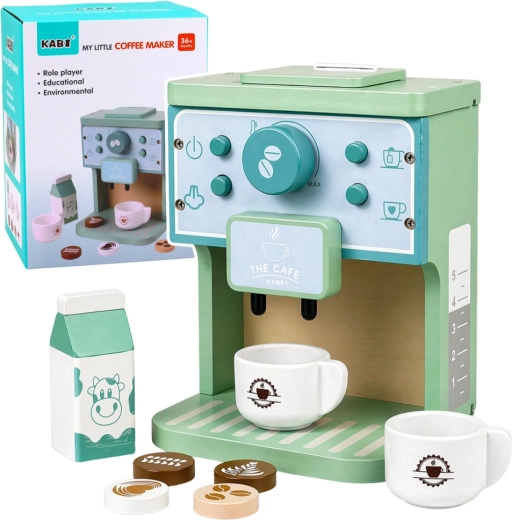 Wooden coffee maker with cups and accessories for children