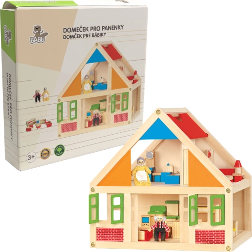 Babu wooden dollhouse with accessories and 2 figures