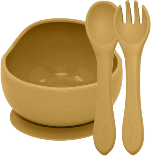 Petite&Mars silicone feeding set Take&match – suction bowl and cutlery, Intense Ochre 6m+